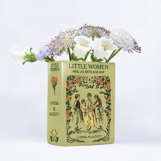 Little Women ceramic book vase with pastel flowers on white background