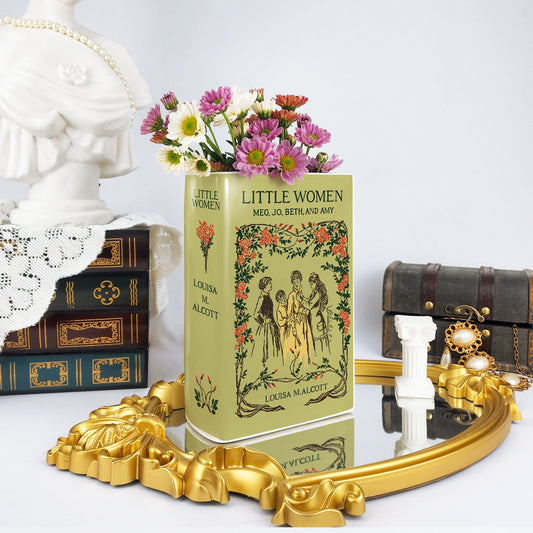 Little Women ceramic book vase with pink and white flowers on ornate gold tray, vintage decor